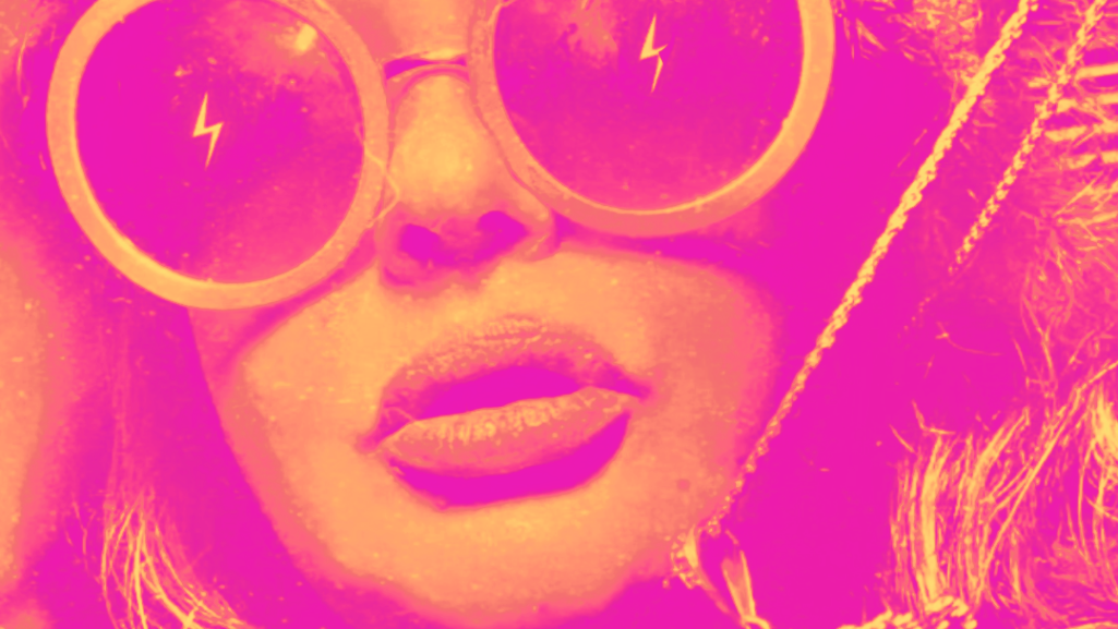 Person wearing round sunglasses with a stylized text overlay on a pink and yellow gradient background